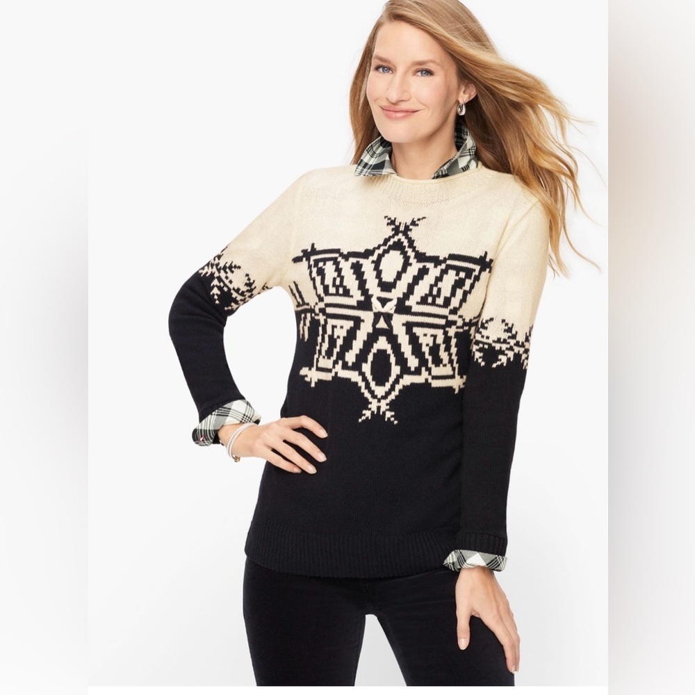 Talbots Placed Snowflake Mock Neck Sweater Size Small Merino Wool Cotton Blend